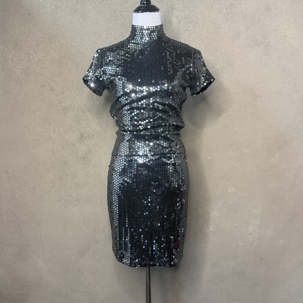 Cache Black Sequin 2pc Set Mock Neck Top M Skirt S NYE Party